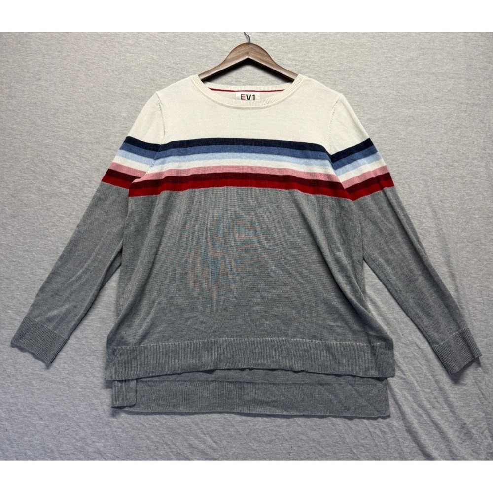 FILA Sweater Womens 2XL Gray Striped Tight Knit High Low Hem Ribbed Trim Winter